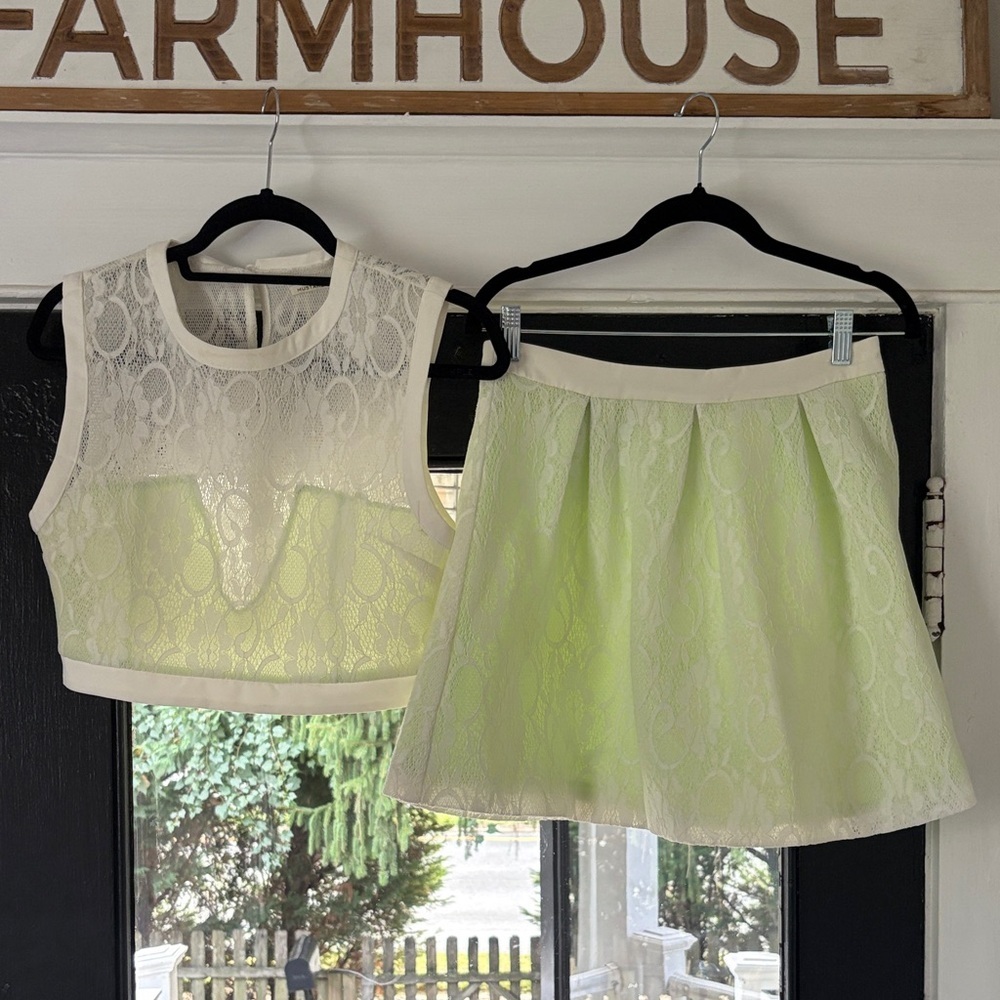 Mustard Seed White and Light Green Lace Skirt Set